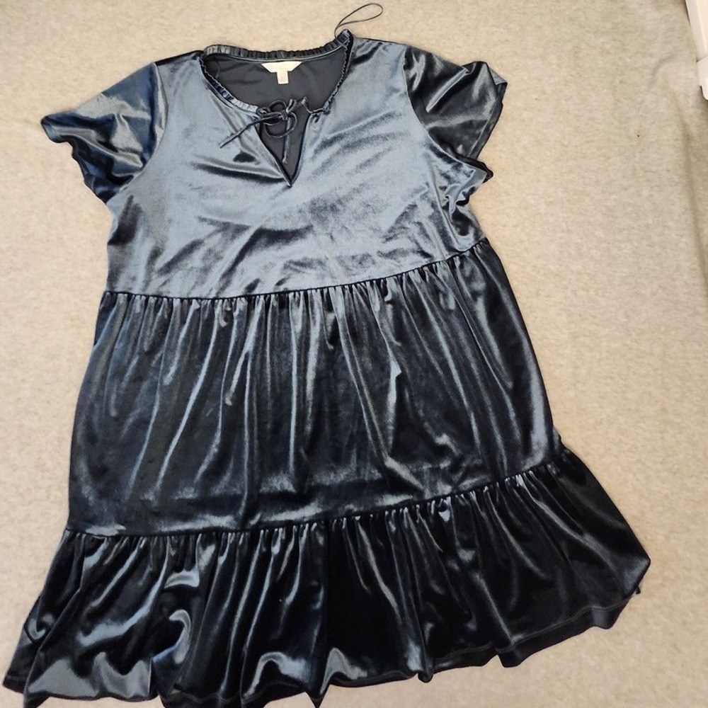 LC Lauren Conrad Dress Womens XL Blue Velvet Tiered Ruffle Short Sleeve Tie Neck